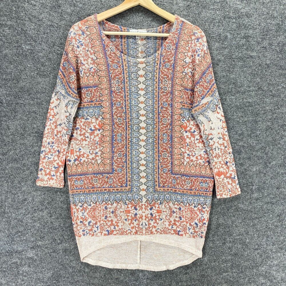 5/$45 Moa Moa Sweater Women XS Orange Blue Knit Dolman Long Sleeve Sheer Rayon